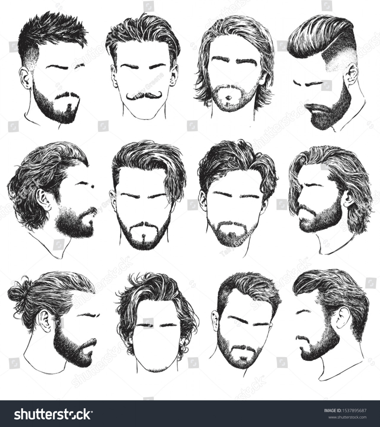 Highly Detailed Hand Drawn Hairstyles Beards Stock Vector (Royalty