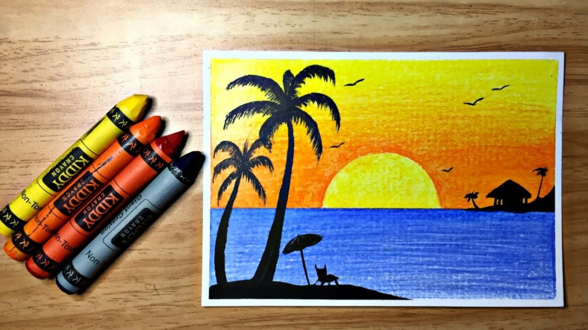 How to Draw Easy Beach Scenery Using Wax Crayons for Beginners / Step by  step tutorial