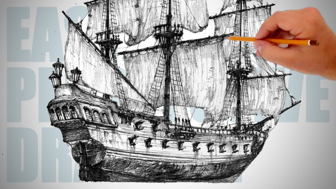 How to draw pirate sailing ship (Black Pearl) - Easy Perspective Drawing