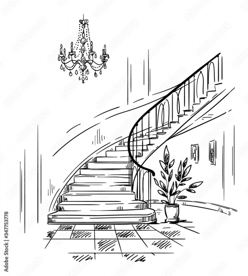 interior design, spacious hall and staircase drawing vector Stock