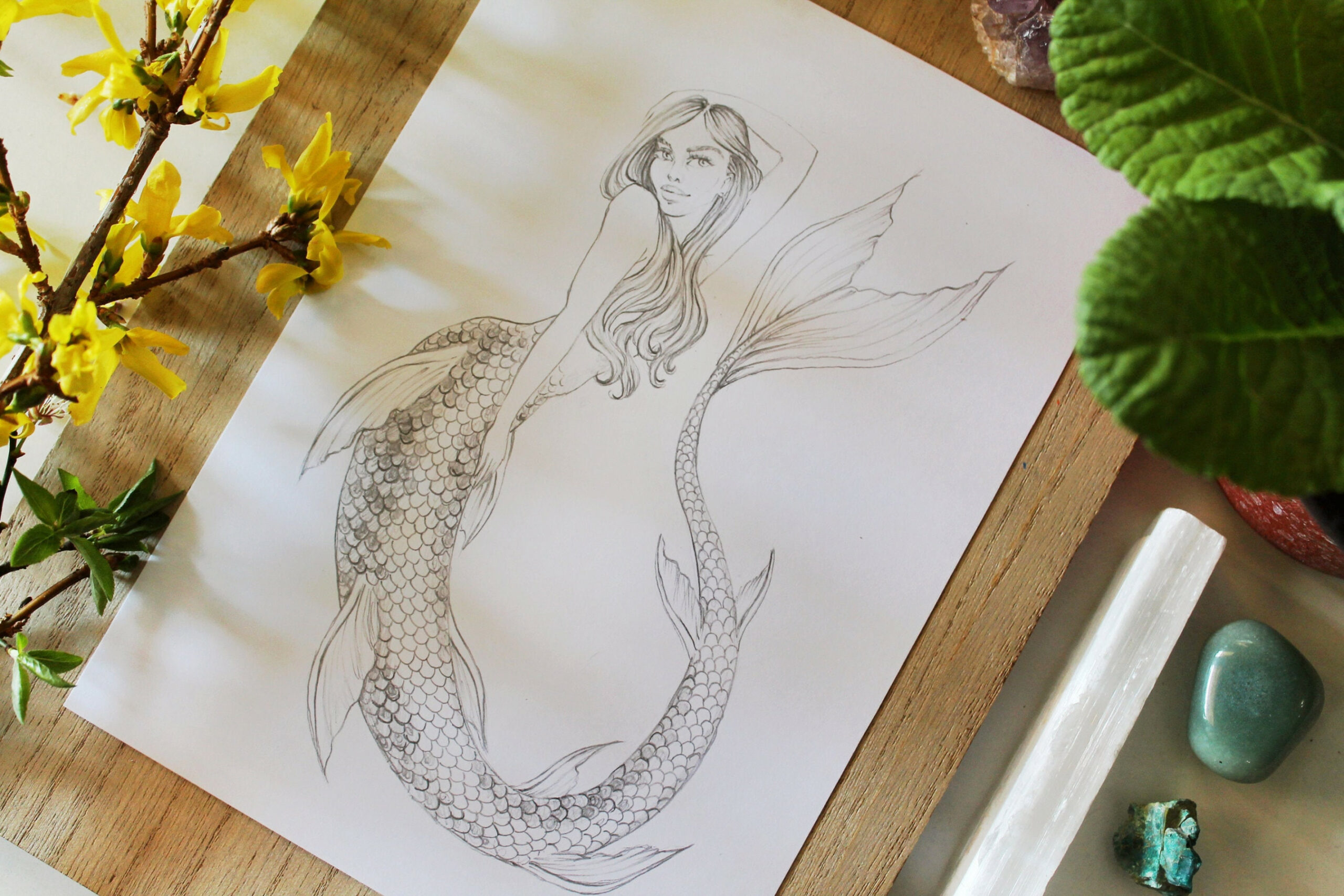 Mermaid Sketch Illustration, Original Graphite Pencil Drawing