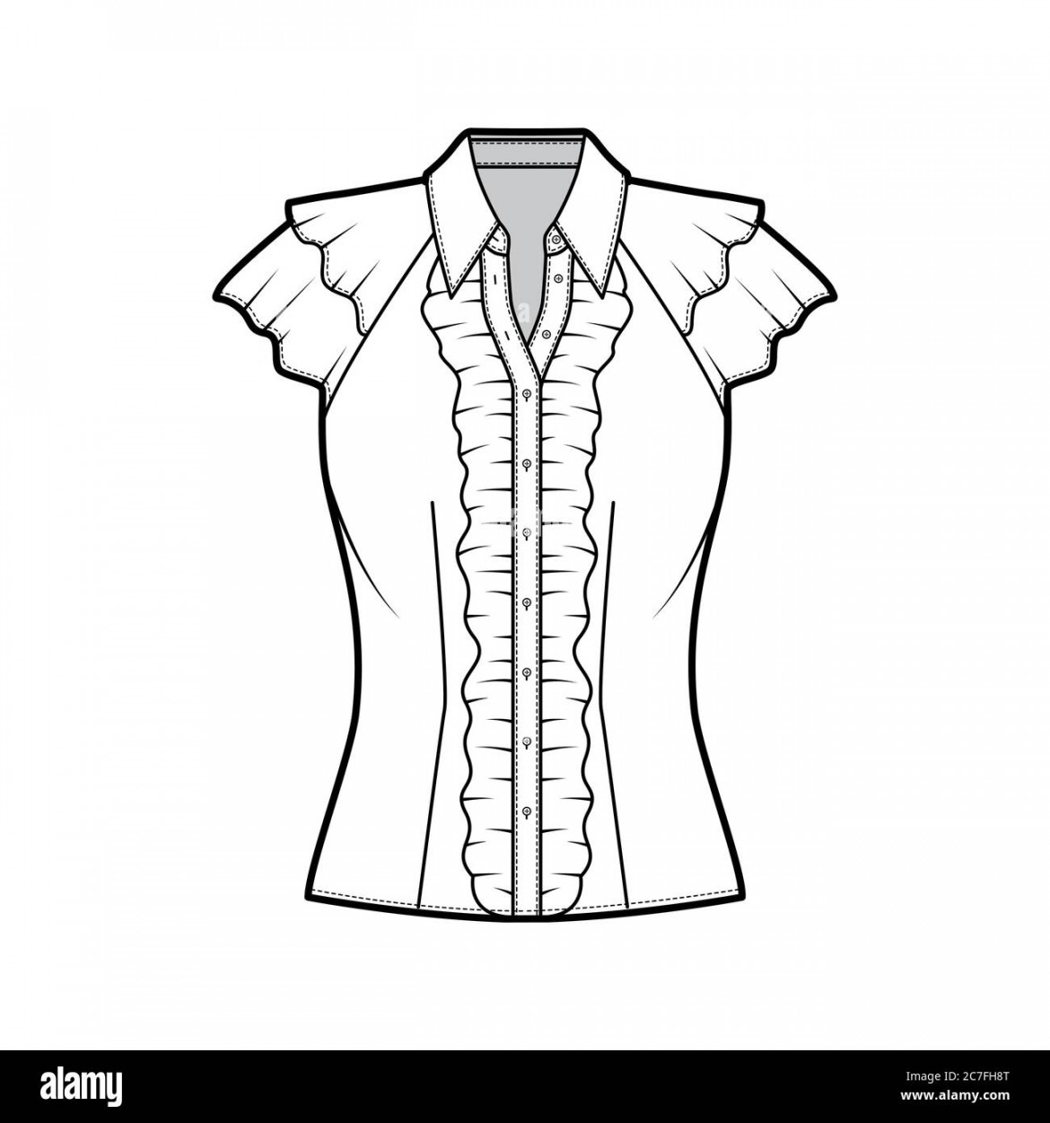 Ruffled shirt technical fashion illustration with sharp collar