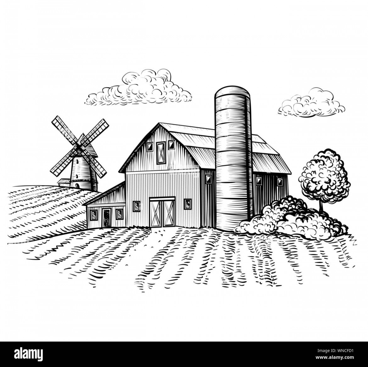 Rural landscape, farm barn and windmill sketch