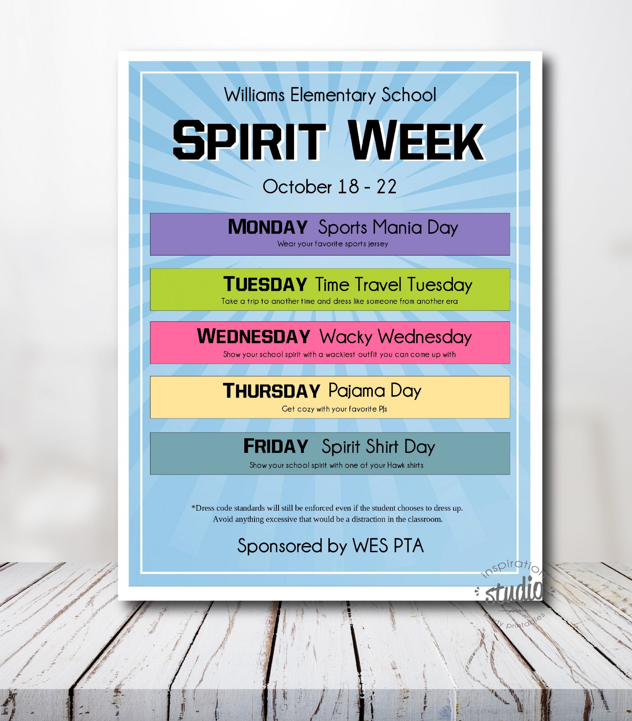 School Spirit Week Flyer Vorlage, School Spirit Week Zeitplan, PTA