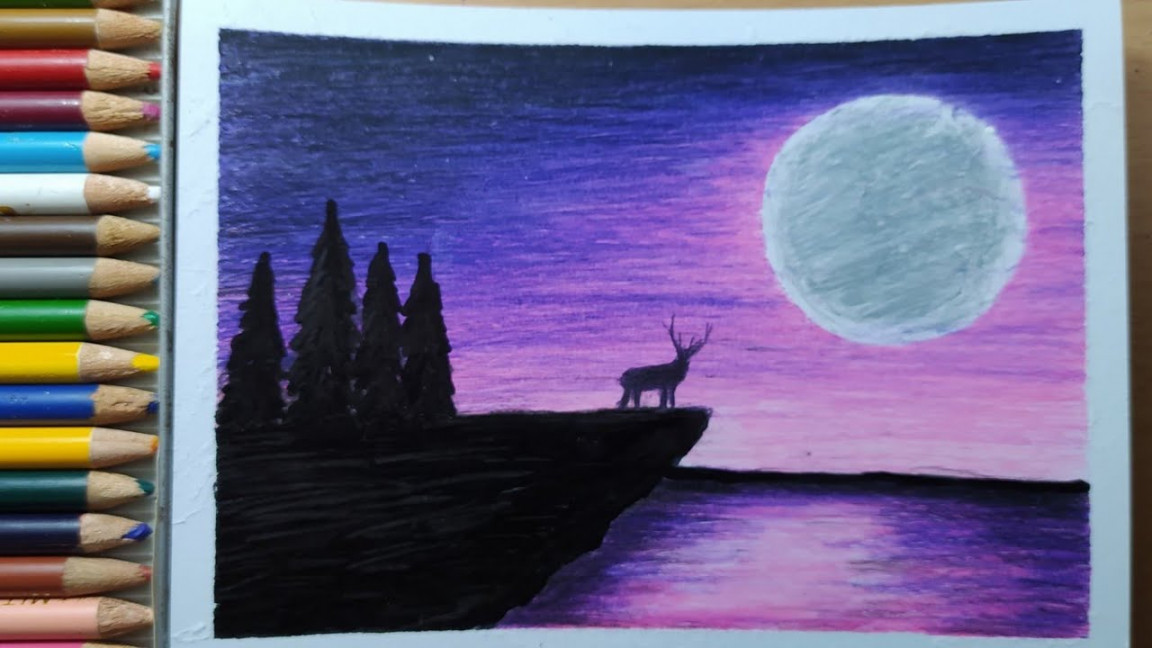 Simple moonlight drawing ideas with color pencil #