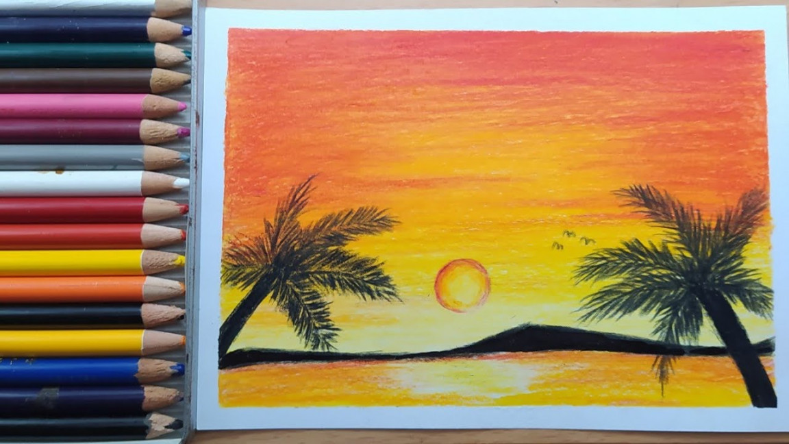 Simple sunset drawing ideas with color pencil #