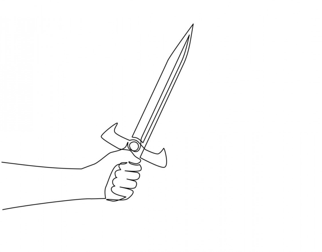 Single continuous line drawing man hand hold sword warrior