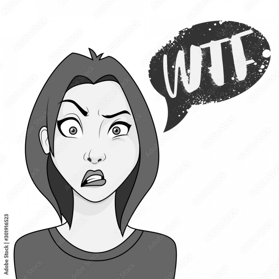 Young woman with confused face expression and wtf speech bubble