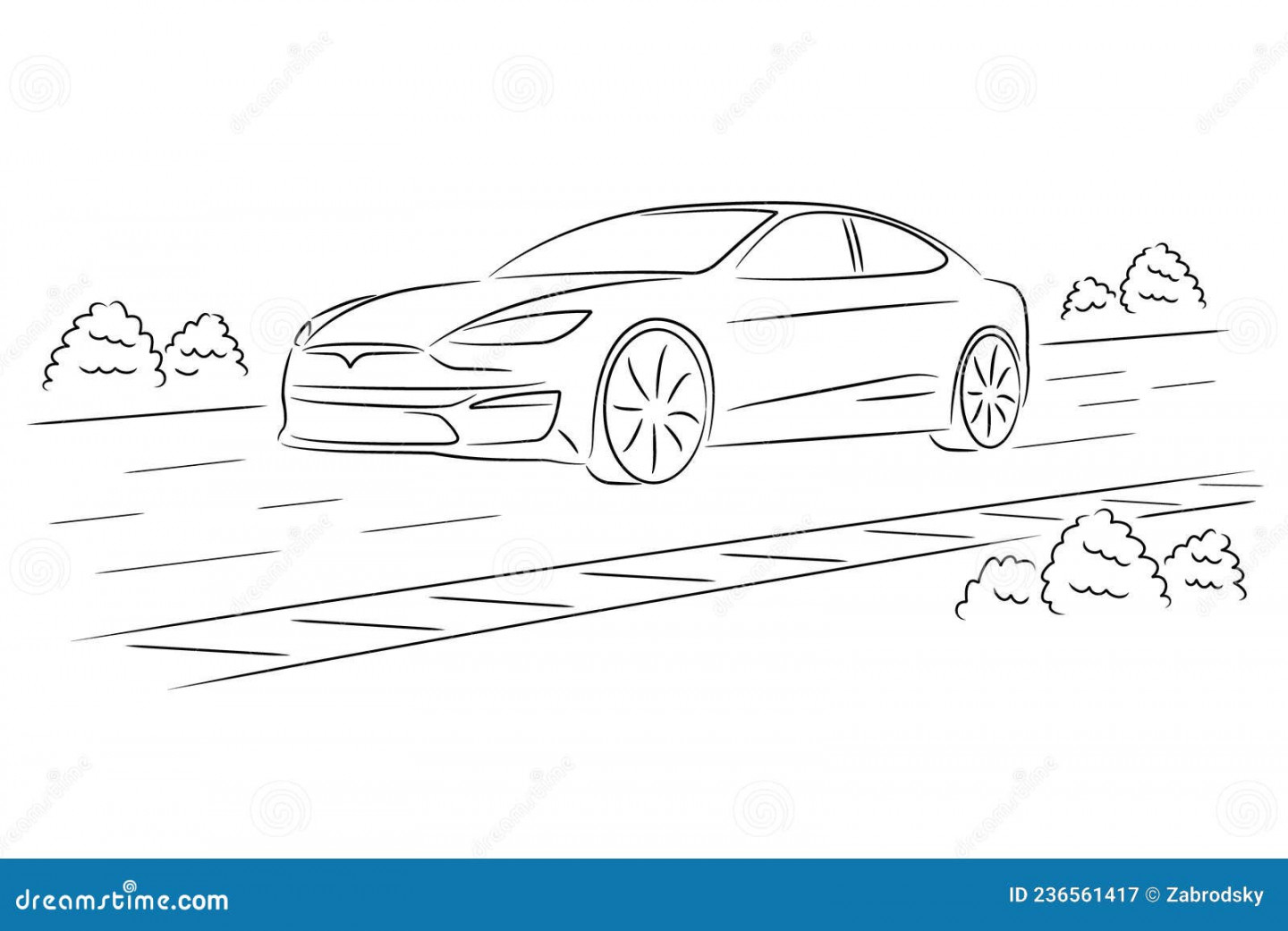 A Simple Vector Drawing of a Luxury Eco-friendly Car Driving on a