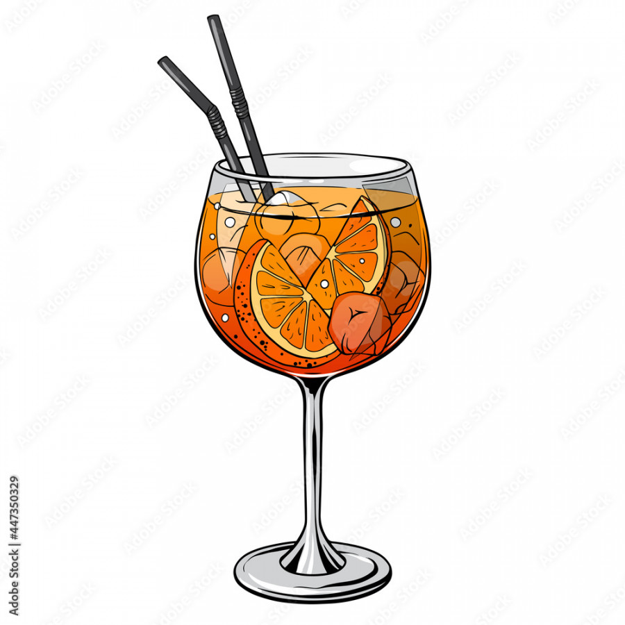 Aperol spritz cocktail, hand drawn alcohol drink with orange slice