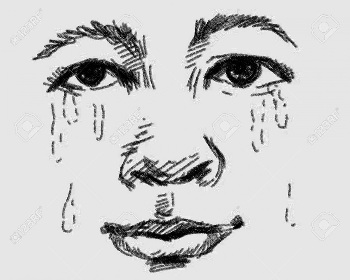 Art Line Drawing Cry Face Man Stock Photo, Picture and Royalty