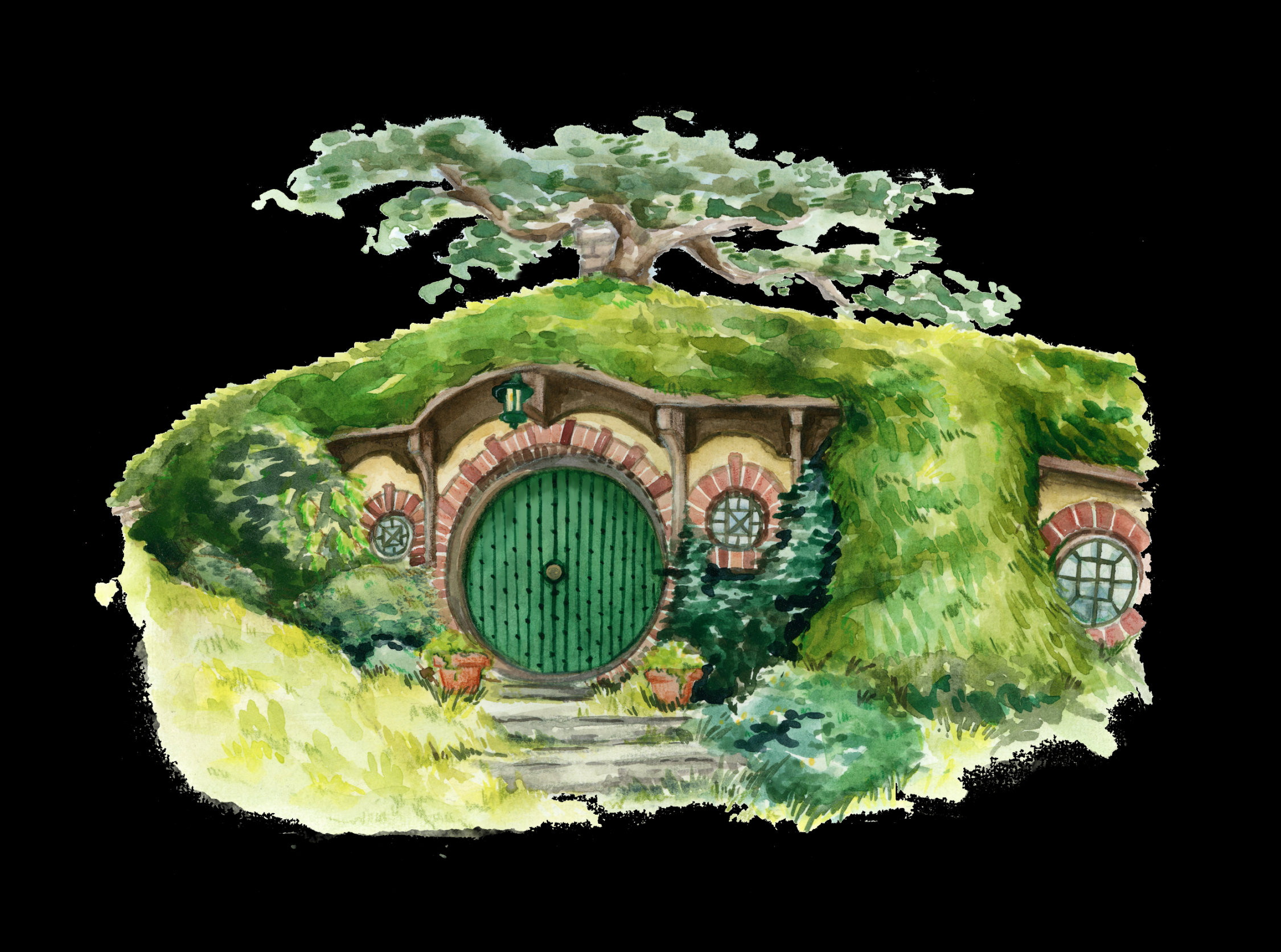 bag end watercolor fan art painting / lotr hobbit house print — marlymcgbart