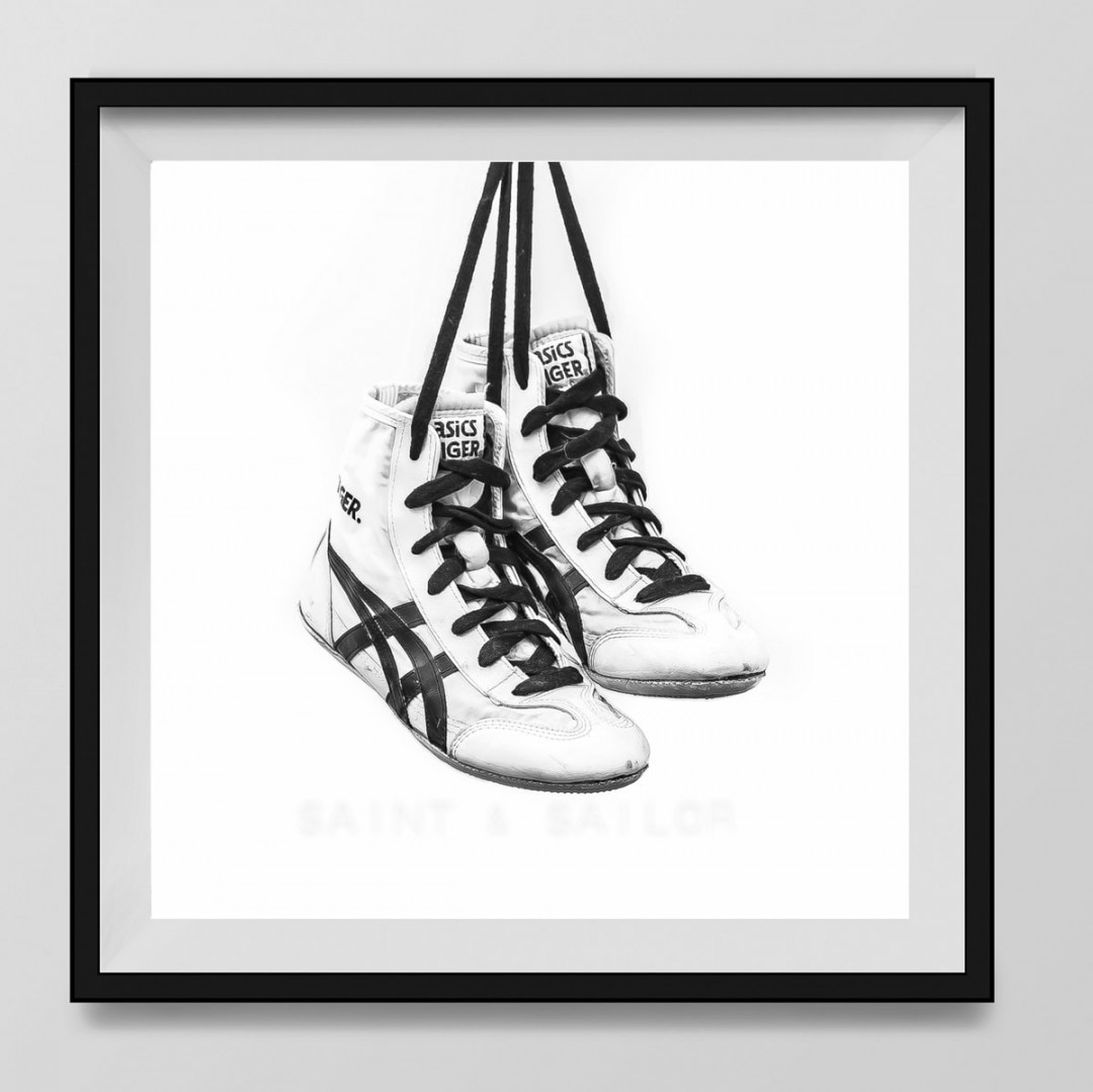 Black and White Vintage Wrestling Shoes on White Photo Print