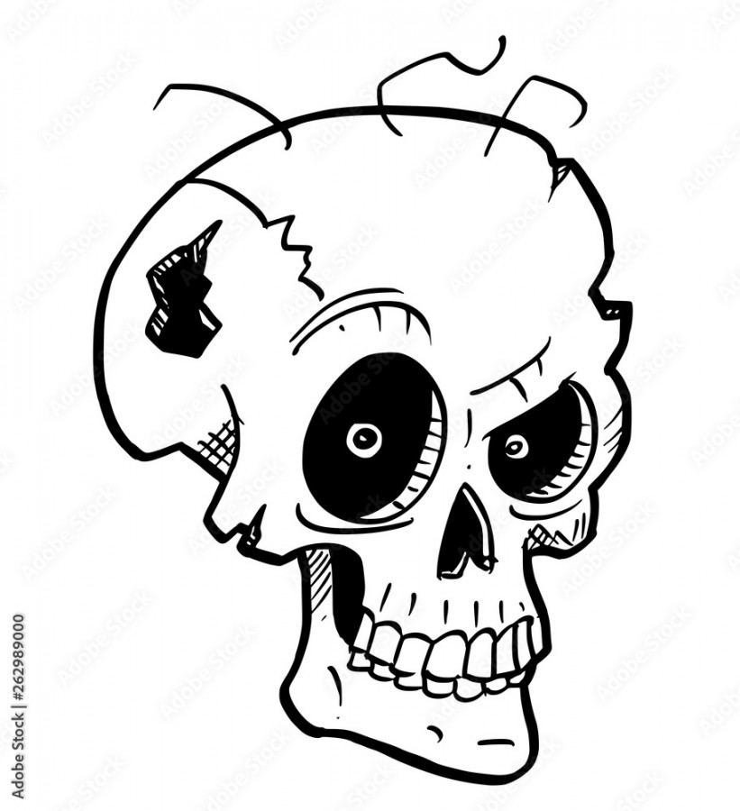 Cartoon drawing conceptual illustration of crazy monster skull