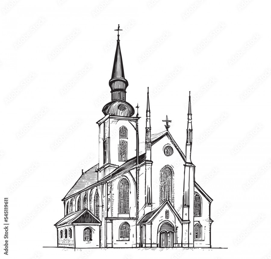 Catholic church hand drawn sketch Vector illustration