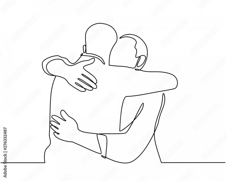 Continuous line drawings of cheerful friends embracing each other