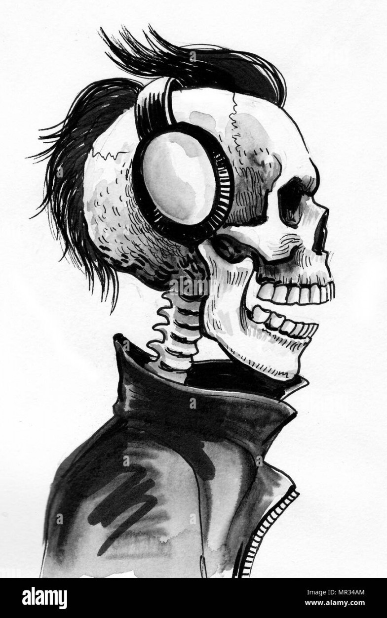 Cool skeleton in leather jacket and headphones