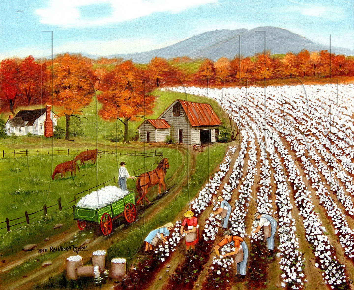 Cotton Field Landscape Primitive Folk Art Prints Autumn American