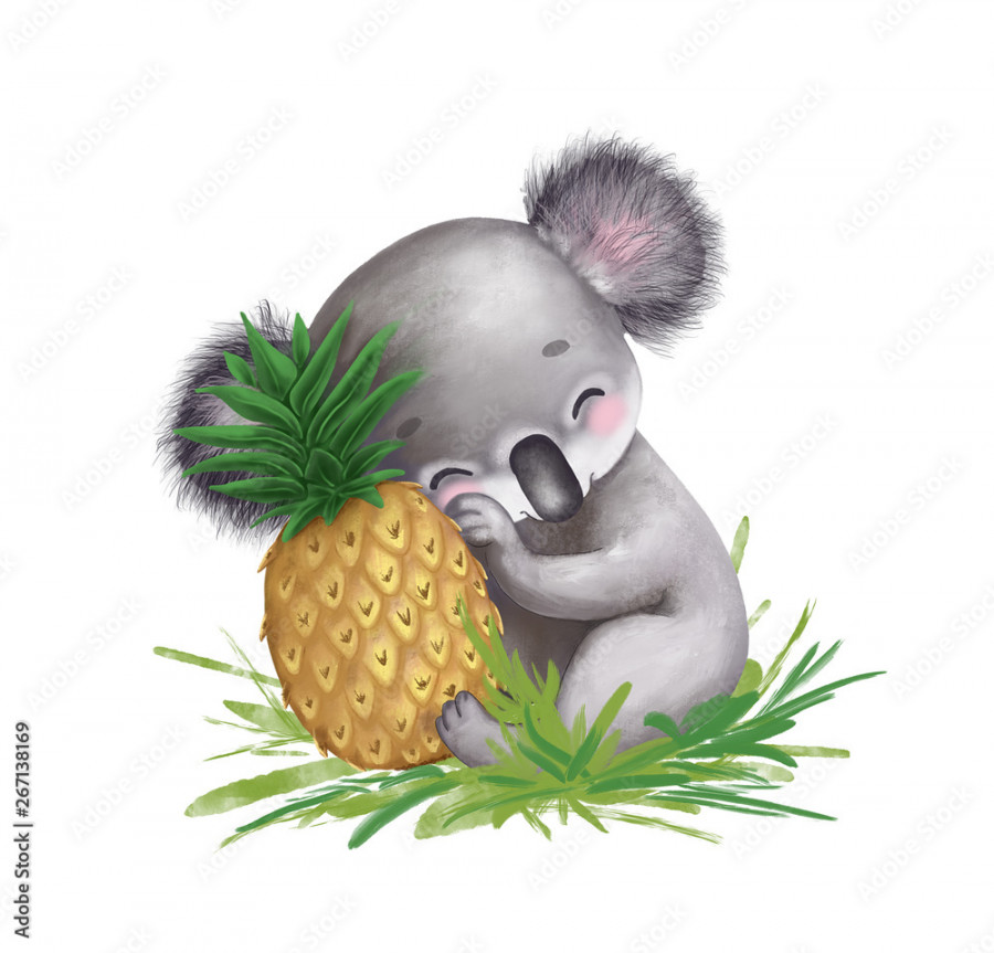 digital drawing of cute koala with pineapple, cartoon character