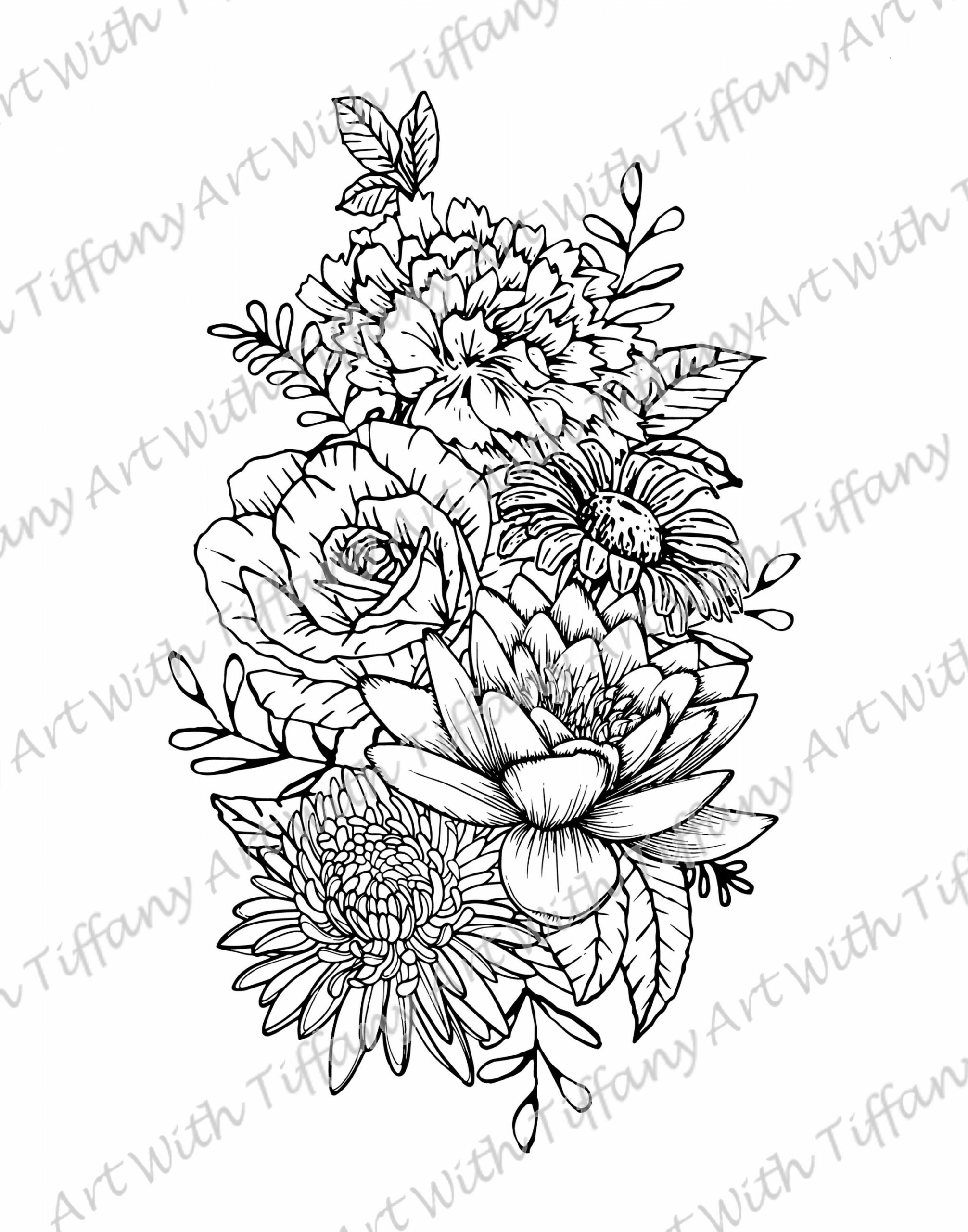 DIGITALE DATEI: Schwarz-Weiß-Blumen-Tattoo-Design; Flower Outline - Nelke,  Seerose, Rose, Aster, Gänseblümchen