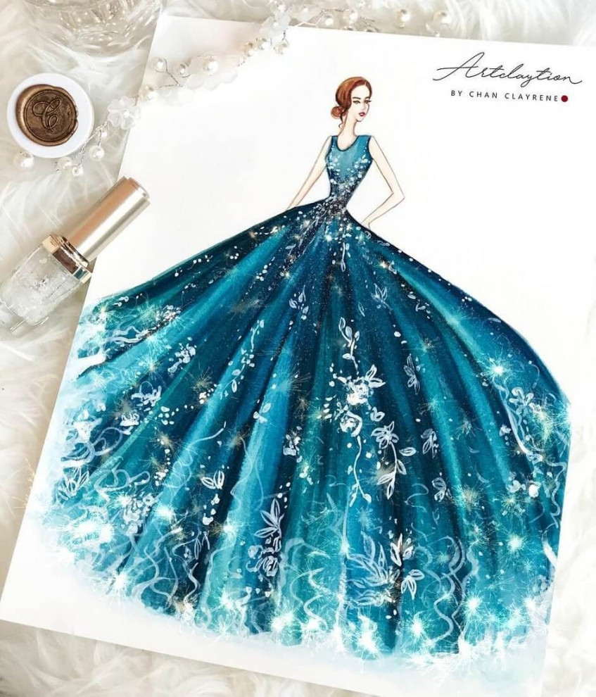 Drawings of Lavish Flowing Dress Designs  Illustration fashion