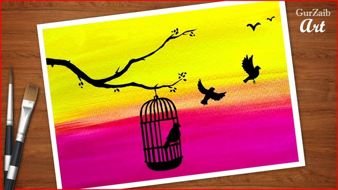 Easy painting with poster colours  How to draw Birds Want freedom   Birds in cage simple drawing