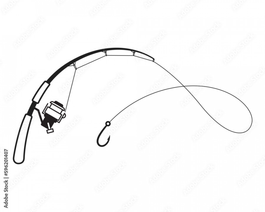 fishing rod drawing, black line art on white background