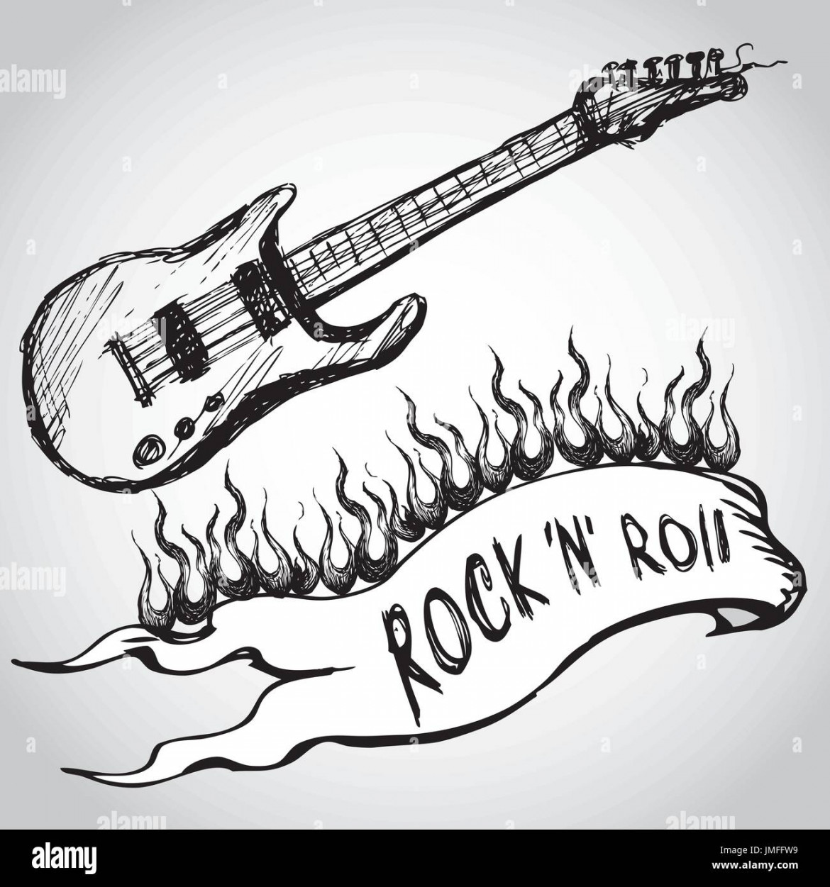 guitar, flames, rock and roll. Hand drawing