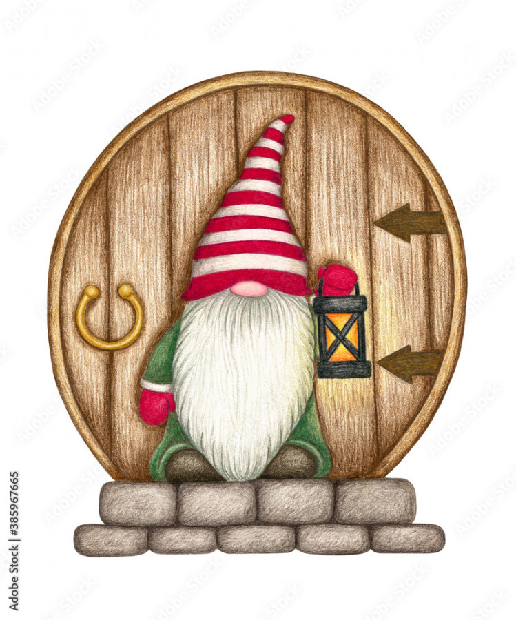 Hand drawn Christmas Gnome in a red green costume with glowing