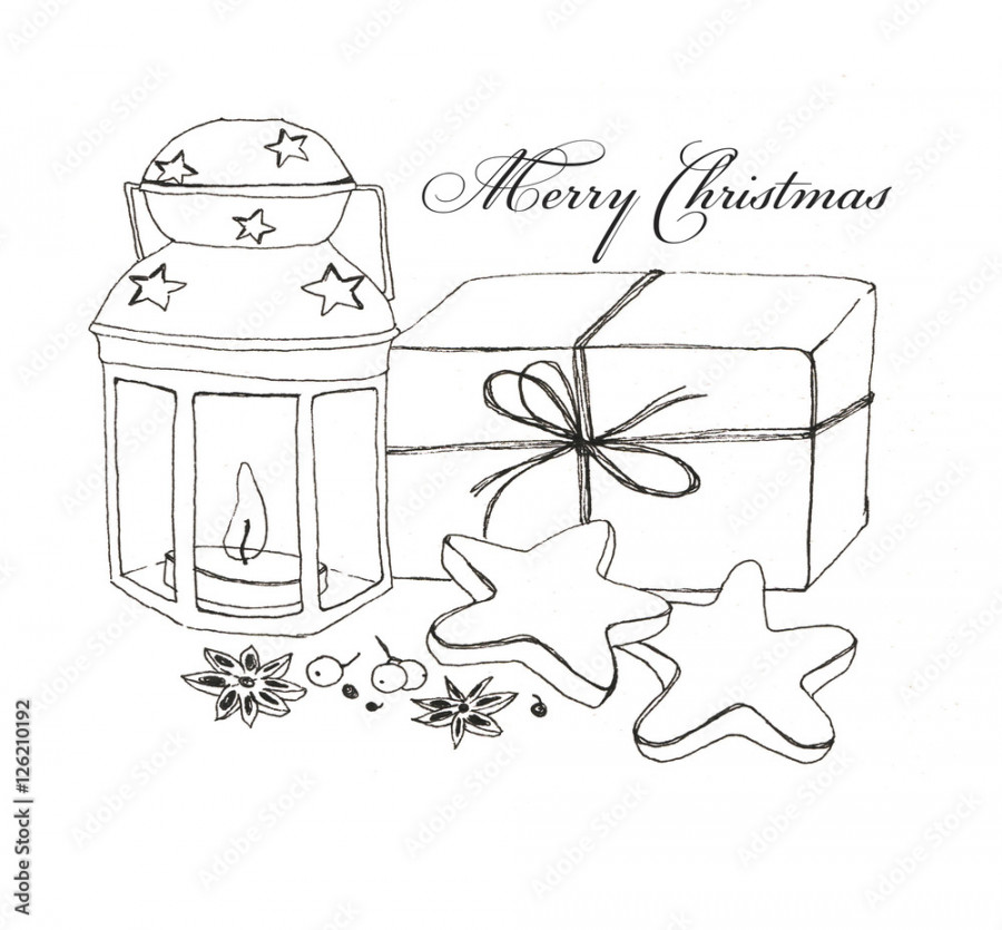 Hand-drawn line art Christmas illustration with ink gifts drawings