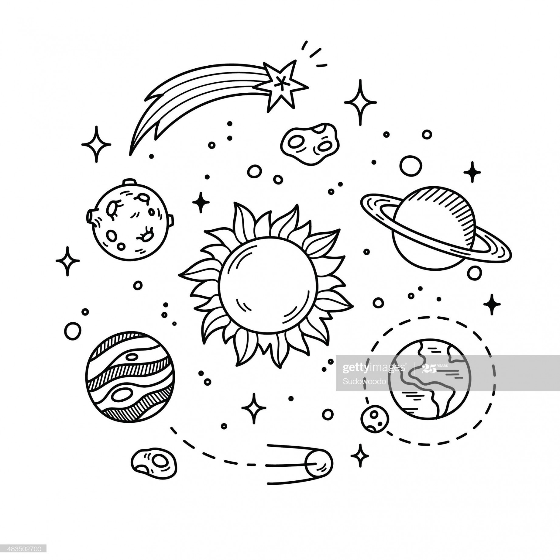 Hand drawn solar system with sun, planets, asteroids and other