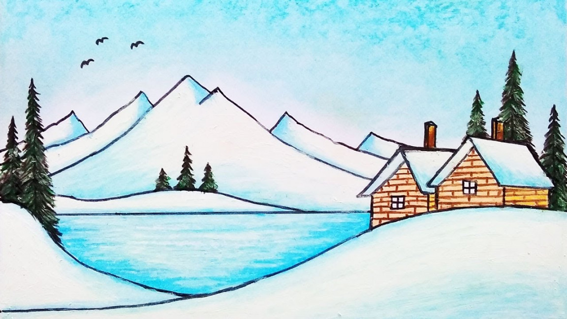 How to Draw Beautiful Winter Season  Easy Scenery Drawing