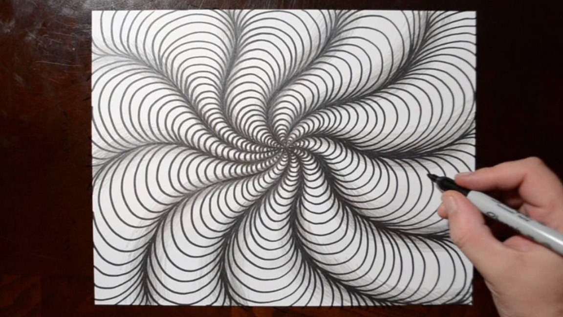 How to Draw Curved Line Illusions - Spiral Sketch Pattern