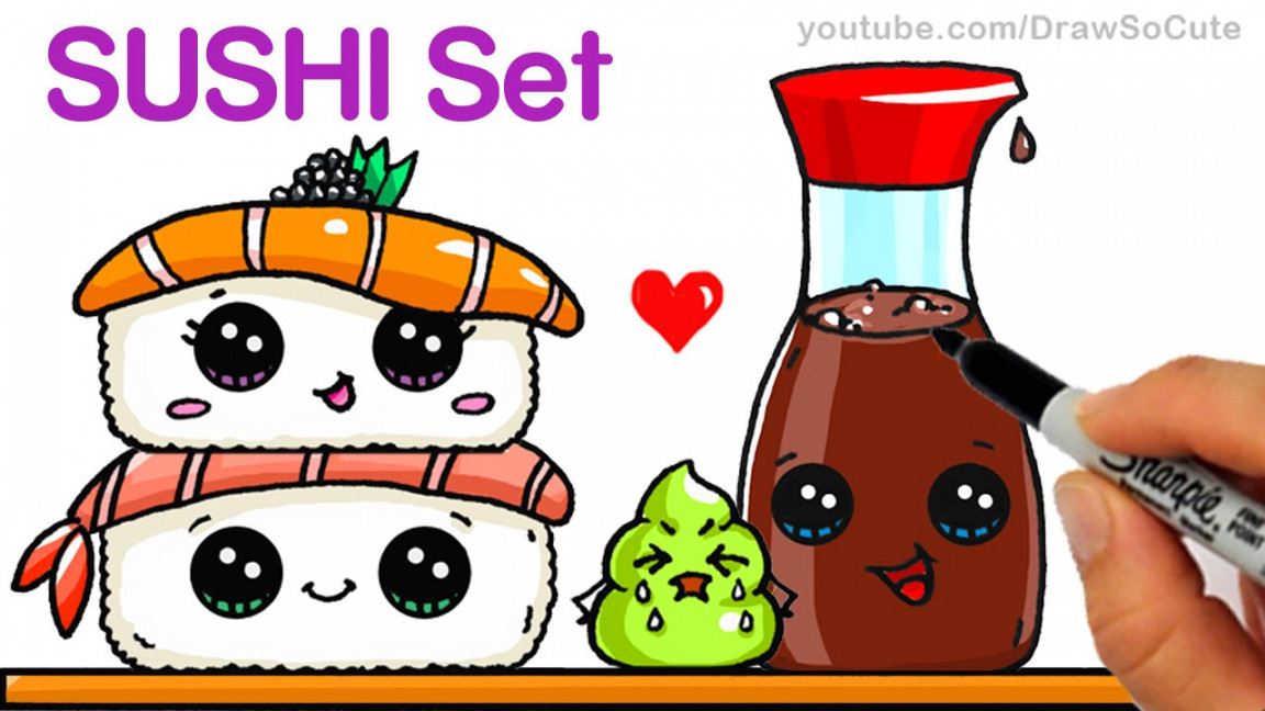 How to Draw Kawaii Sushi Easy - Sushi, Wasabi and Soy Sauce step by step  Cartoon Food