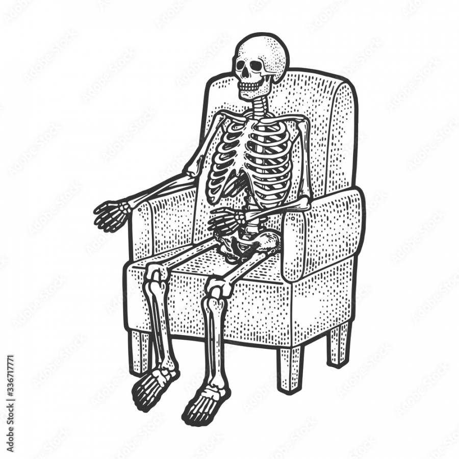 human skeleton is sitting in armchair sketch engraving vector