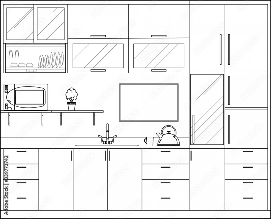 Kitchen and pantry side elevation drawing complete with cabinets