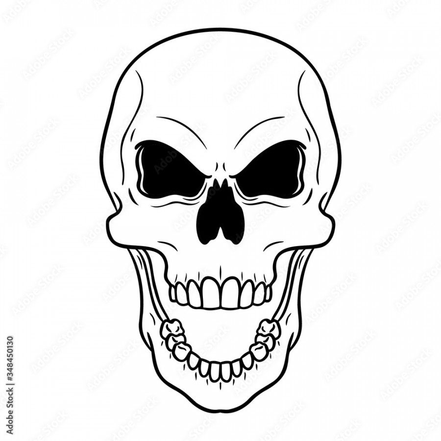 monochrome evil flashing skull with an open mouth