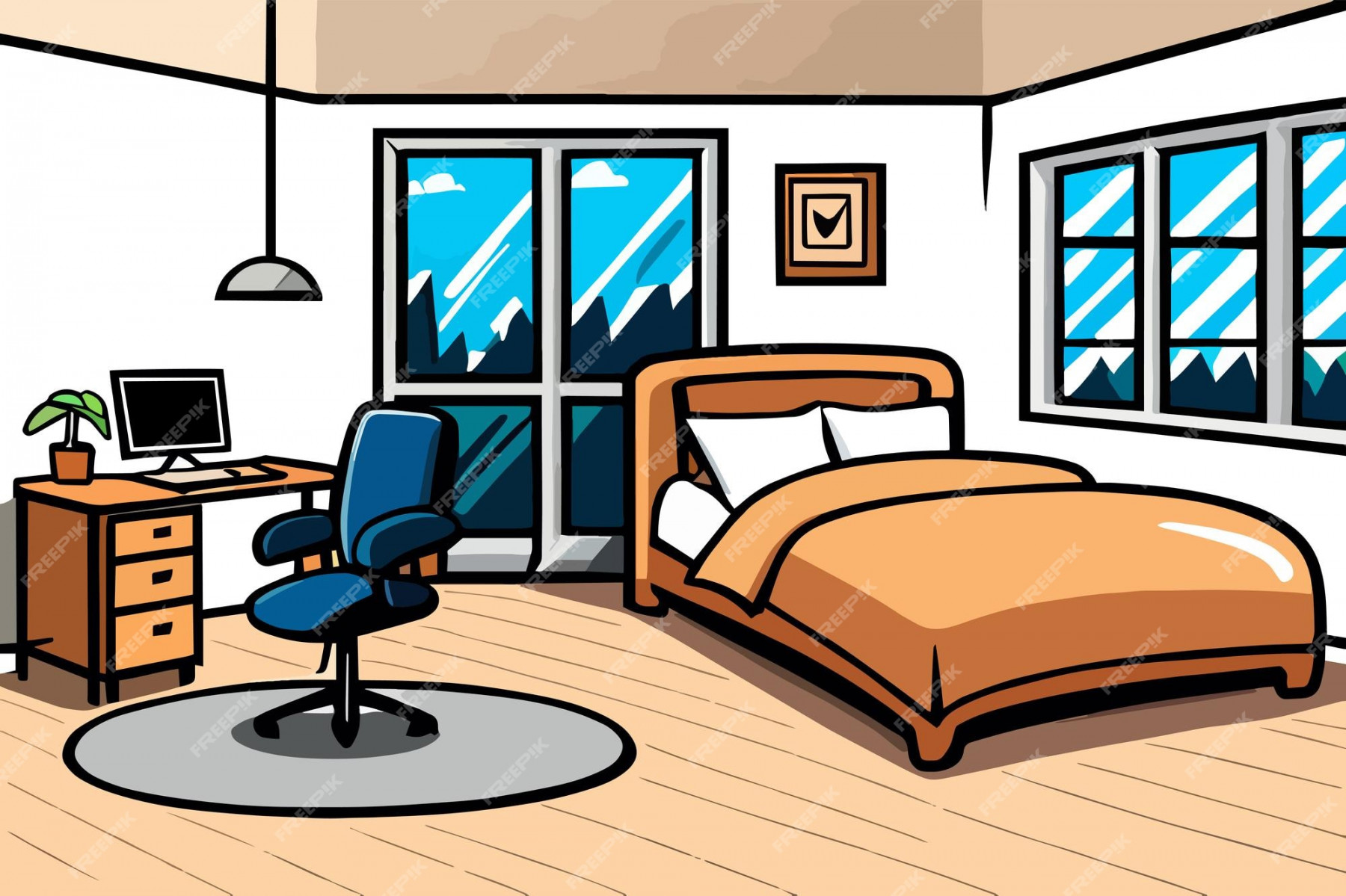 Premium Vector  A cartoon drawing of a bedroom with a desk and chair.