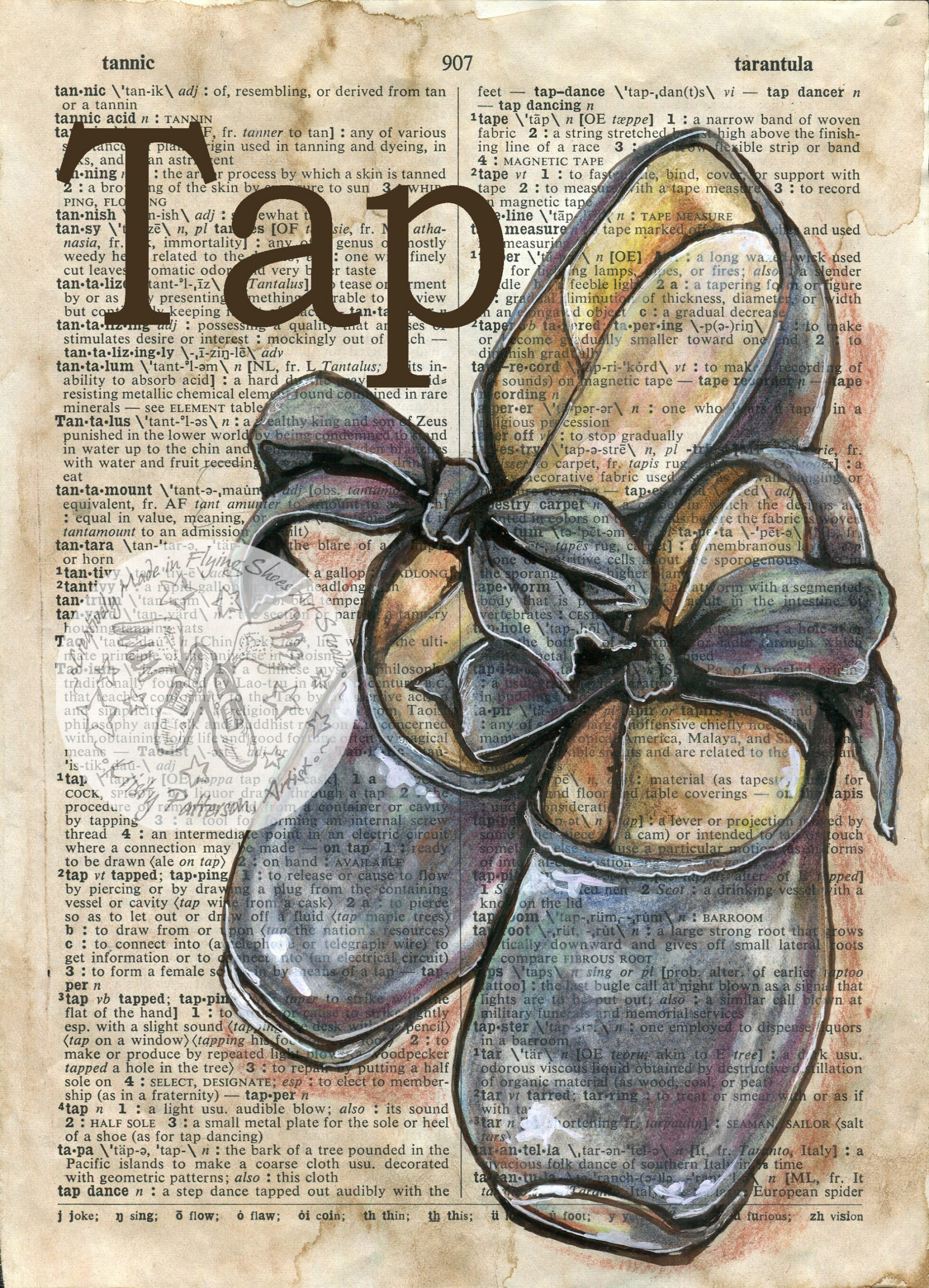 PRINT: Tap Shoes Mixed Media Drawing on Antique Dictionary Page