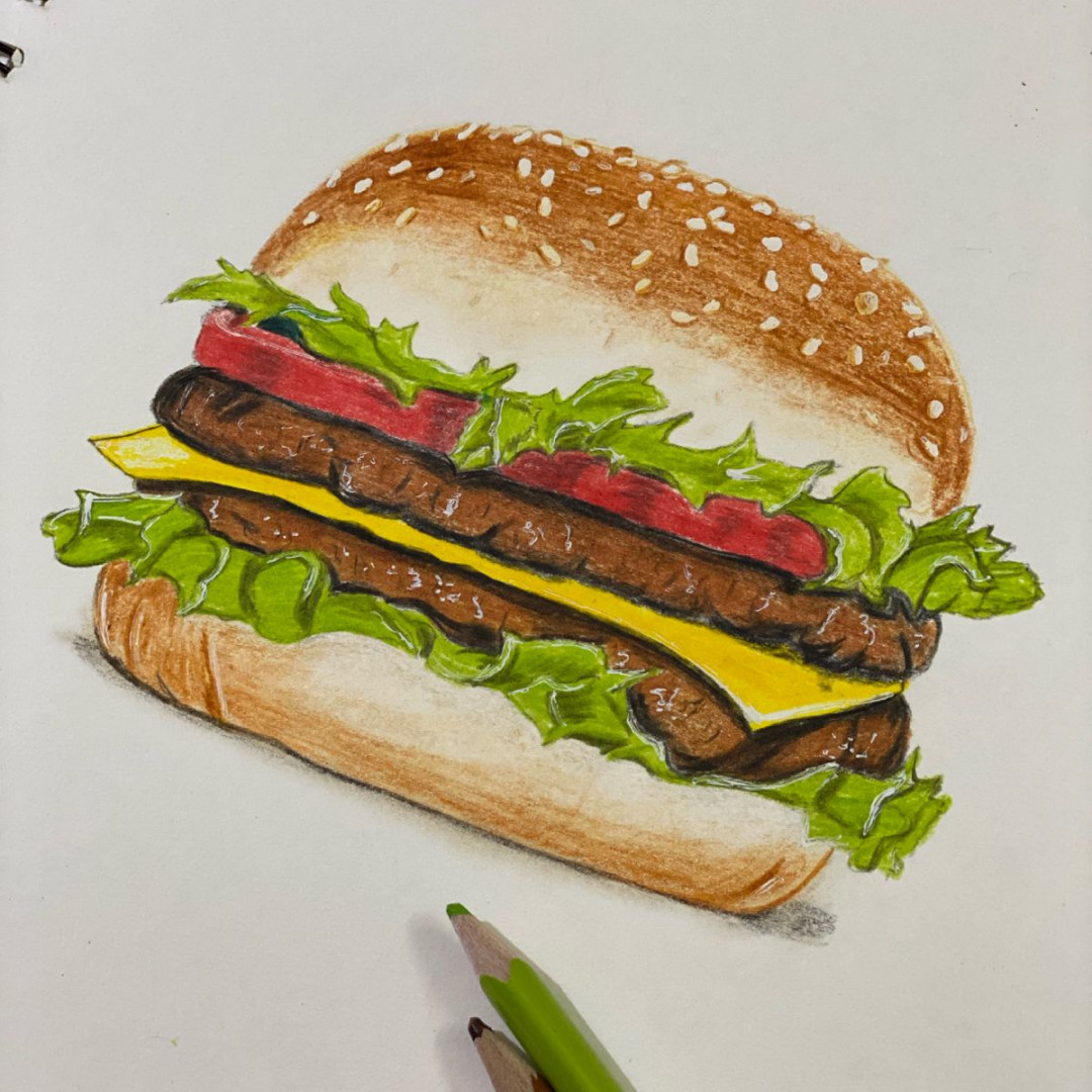 Realistic burger drawing with color pencils