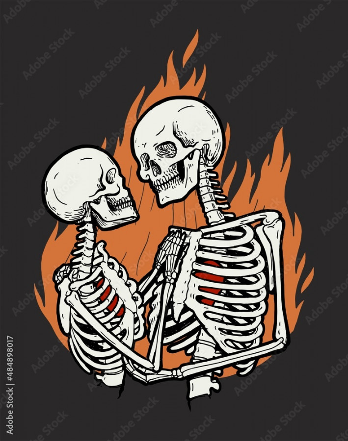 Skeleton couple hugging and kissing in fire