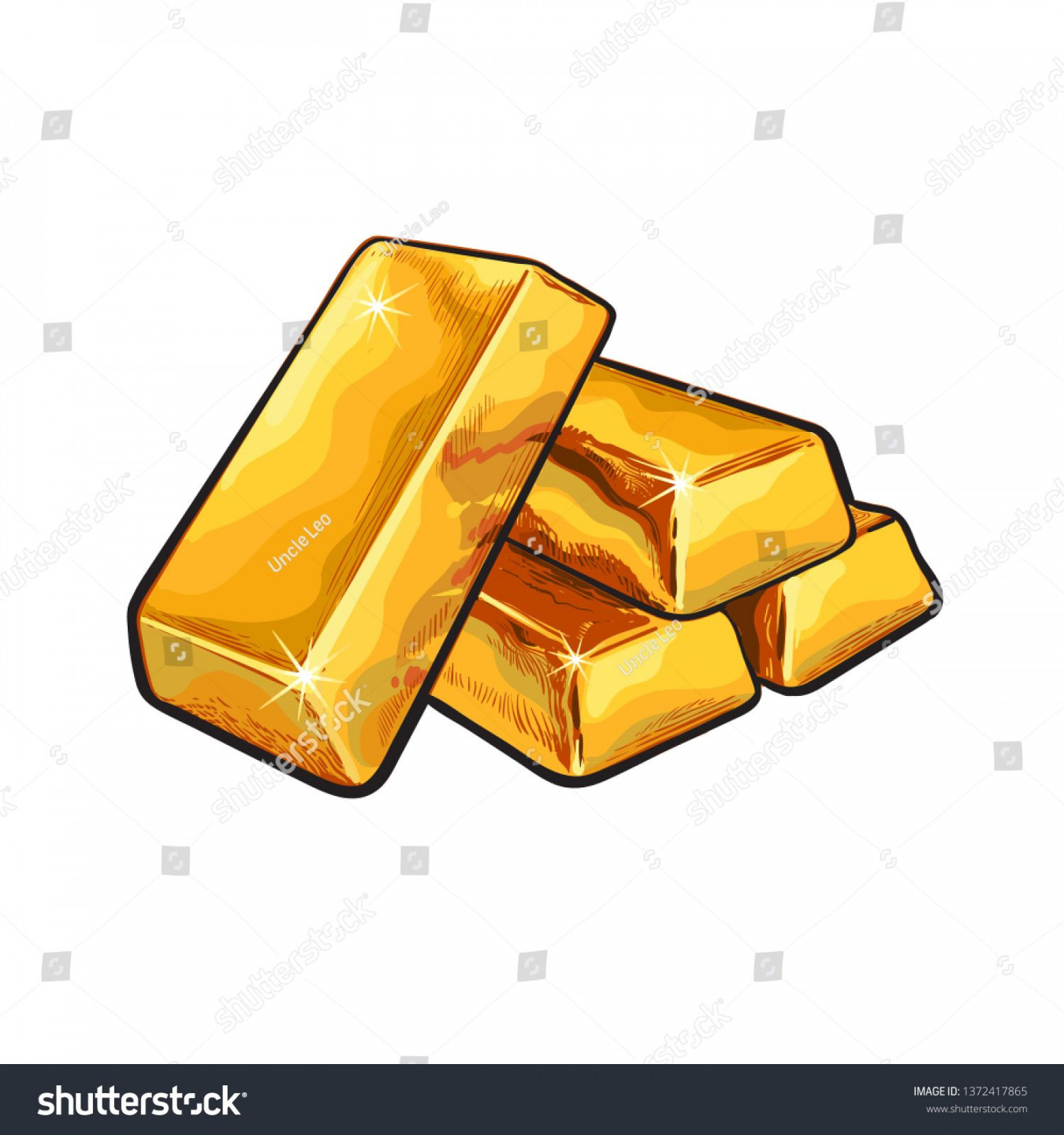 Sketch of gold bar ingots. Hand drawn vector illustration