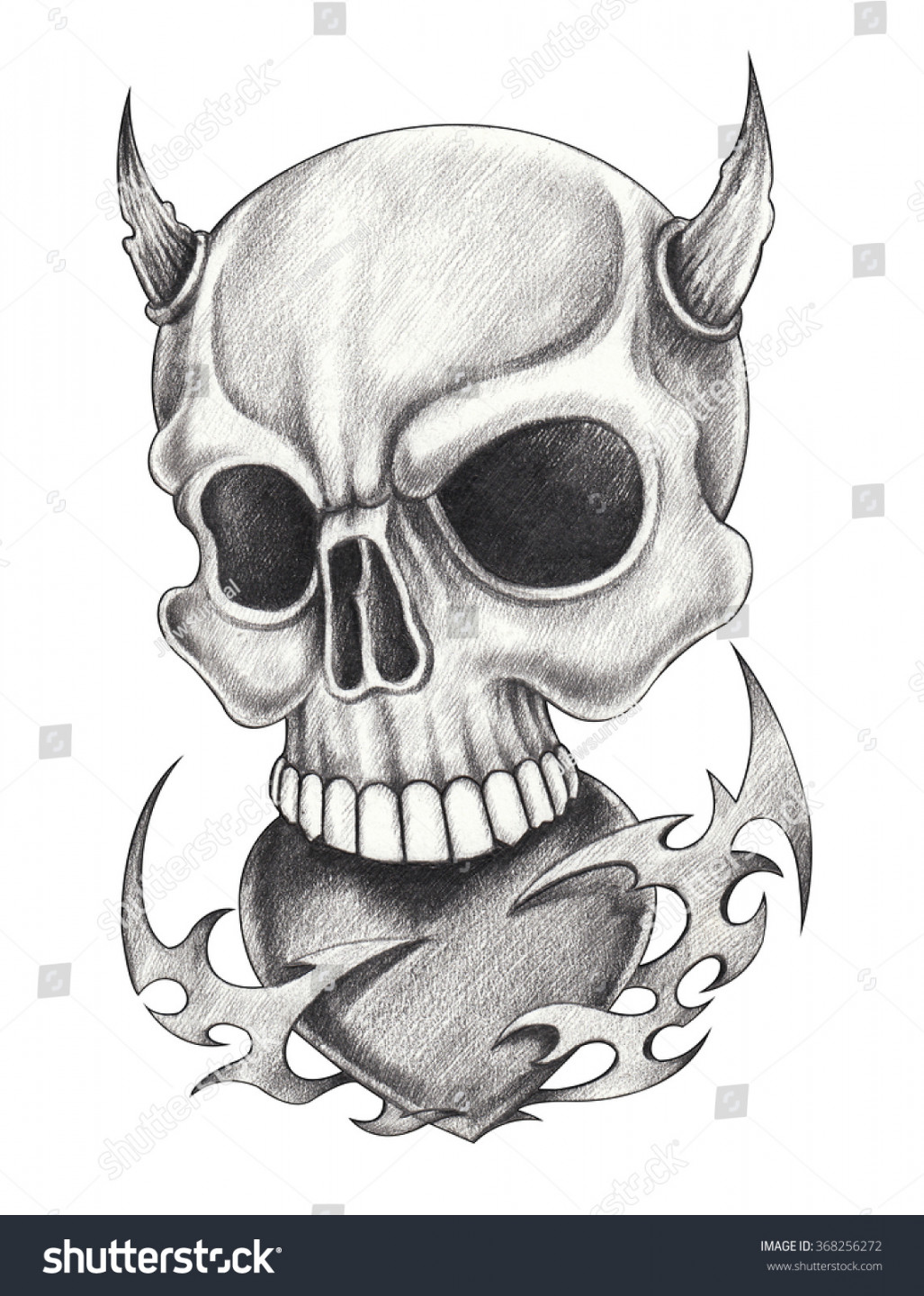 Skull Heart Devil Tattoohand Pencil Drawing: Stockillustration