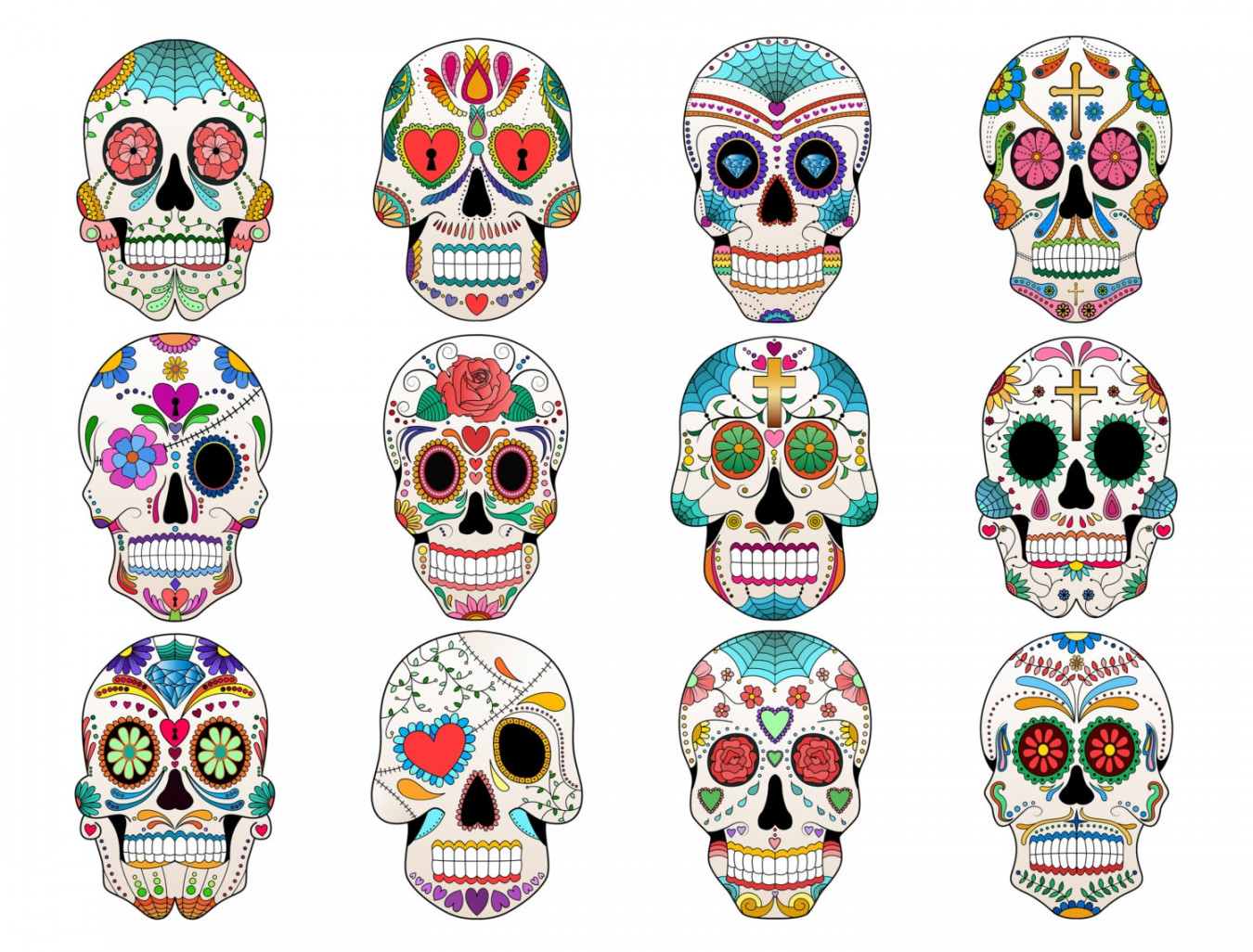 Sugar Skull Clip Art Set of  Colorful Sugar Skulls, PNG, JPG and