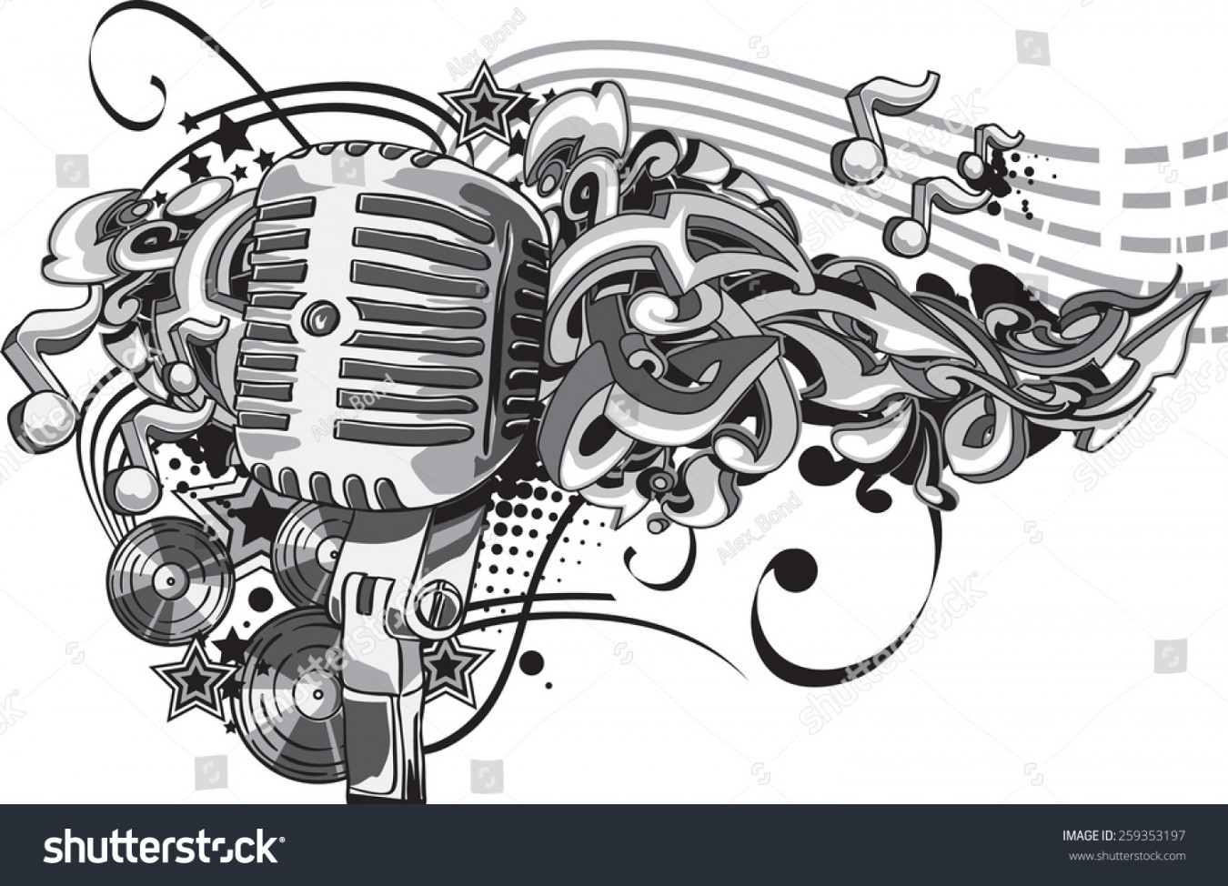 Vector Vintage Microphone On Graffiti Background: Stock