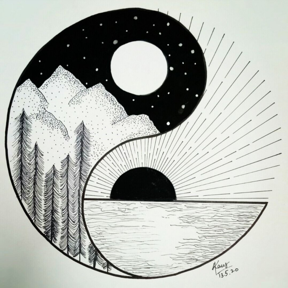 YIN-YANG ☯️  Black and white art drawing, Circle drawing, Black