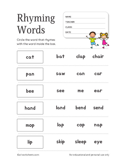 Rhyming Words Worksheet For Kindergarten 56