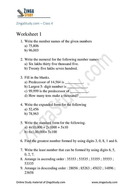 20 4Th Grade Math Worksheets Cbse