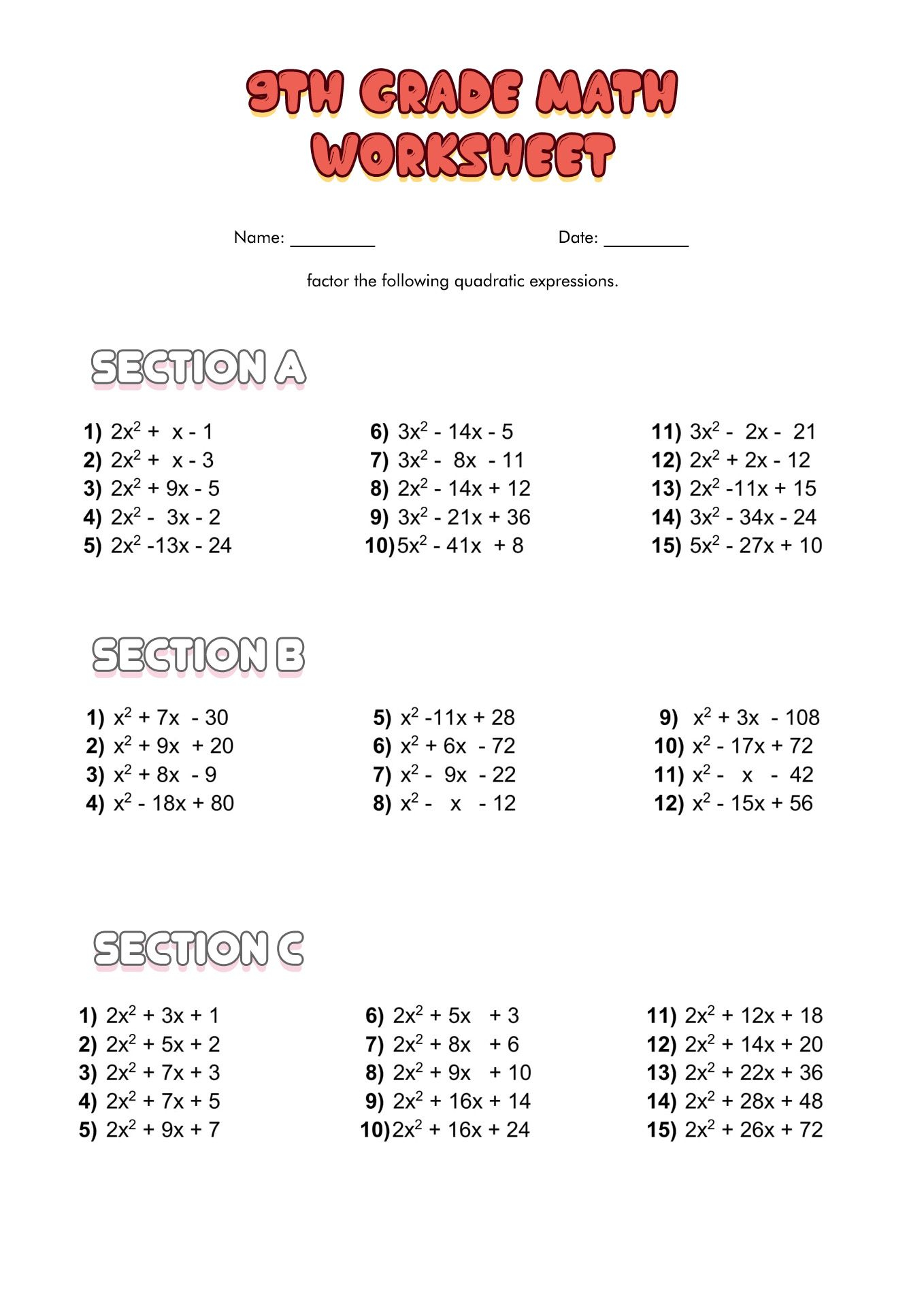 20 Free 9Th Grade Math Worksheets