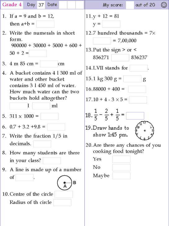 30 4Th Grade Math Worksheets Cbse